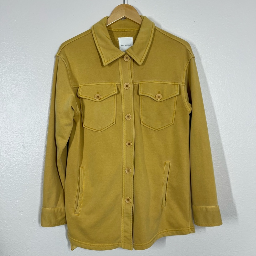 Avec Les Filles Mustard Yellow French Terry Button Down Shirt Jacket Shacket - Picture 2 of 13